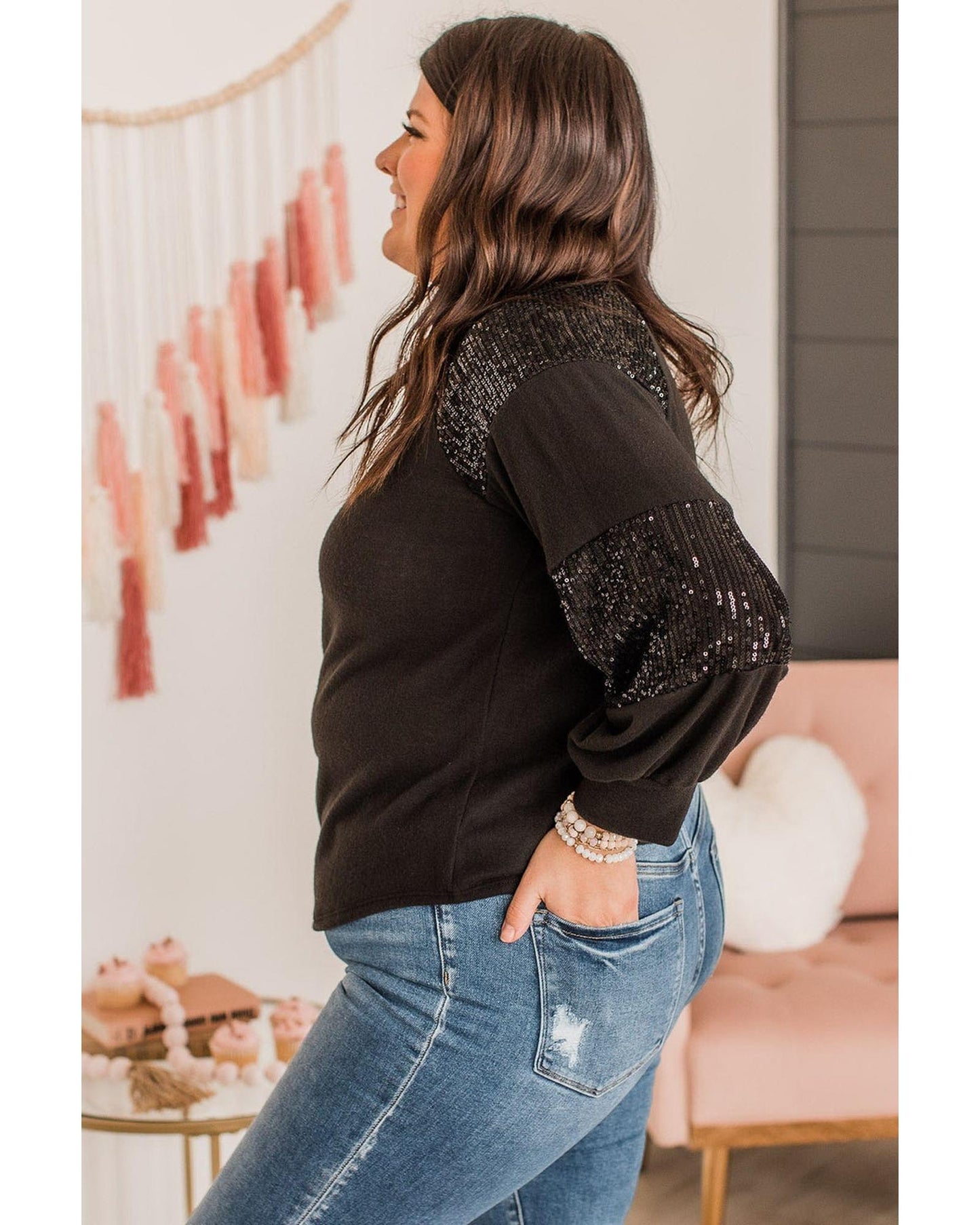 Premium Women's Plus Size Long Sleeve Top Sequin Patchwork Crew Neck - Black