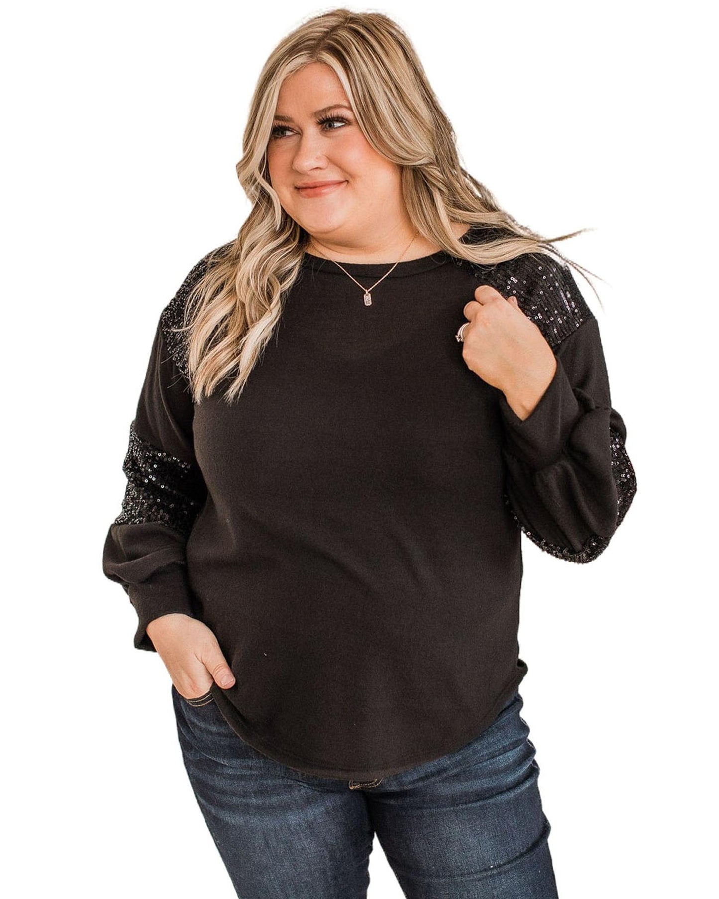 Premium Women's Plus Size Long Sleeve Top Sequin Patchwork Crew Neck - Black