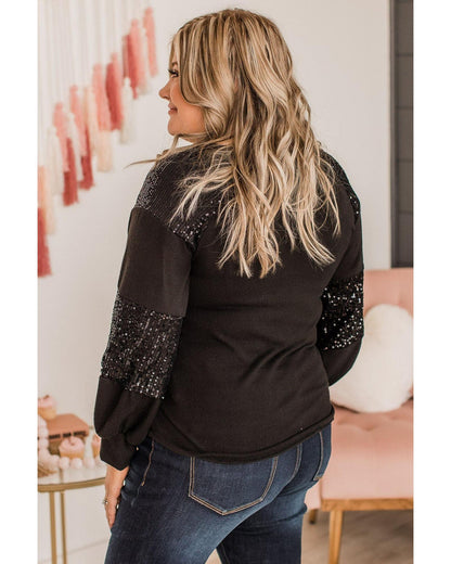 Premium Women's Plus Size Long Sleeve Top Sequin Patchwork Crew Neck - Black