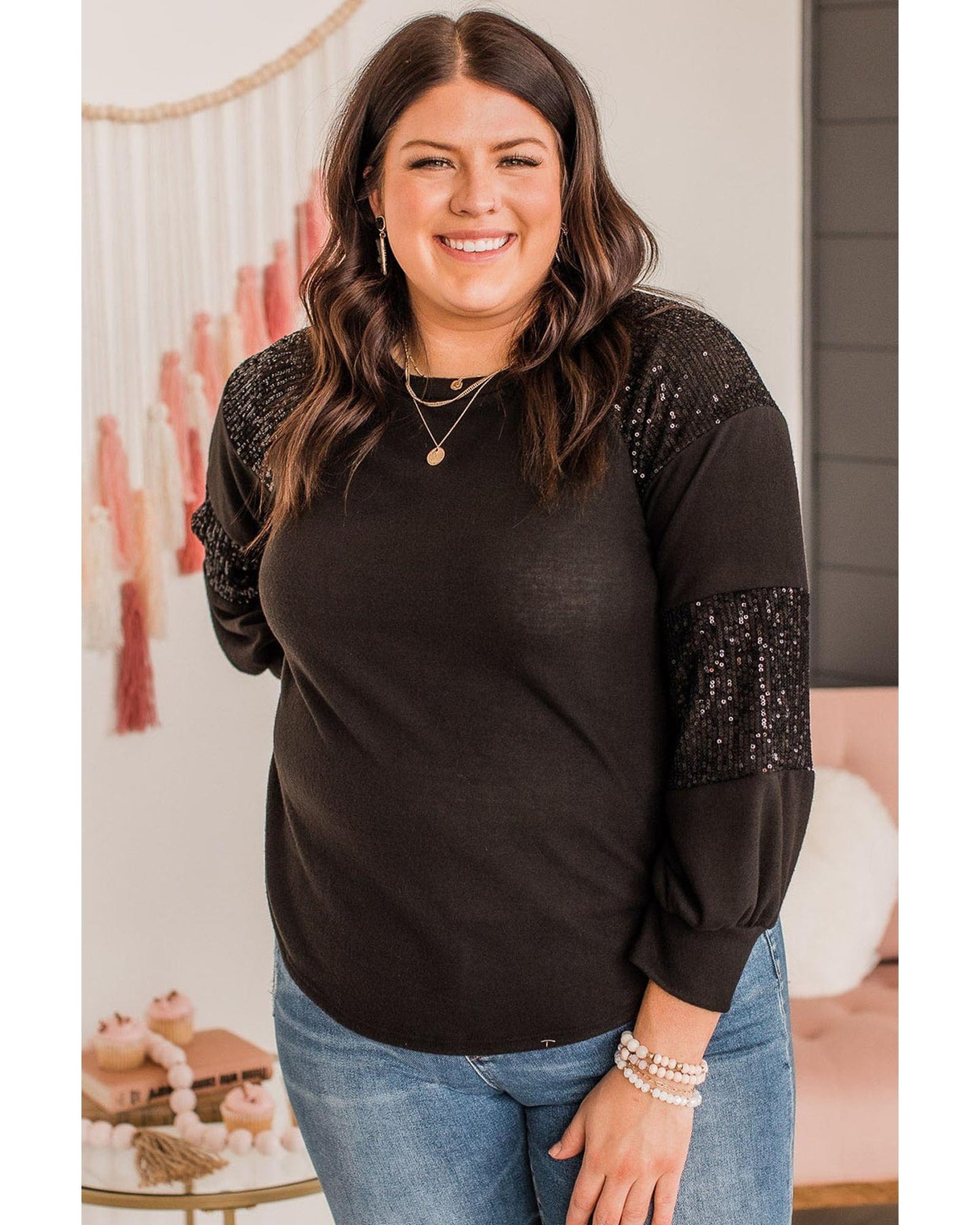 Premium Women's Plus Size Long Sleeve Top Sequin Patchwork Crew Neck - Black