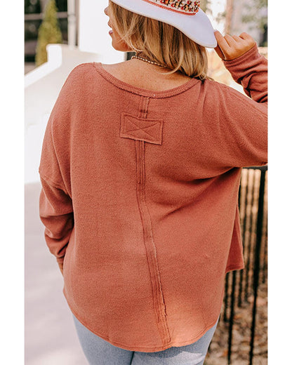 Plus Size Women's Top with Exposed Seam V-Neck Long Sleeve - Gold Flame (1X)