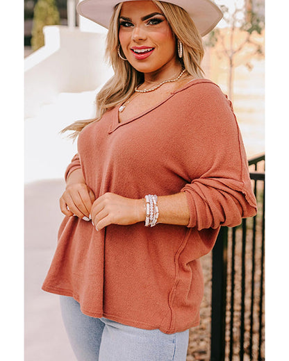 Plus Size Women's Top with Exposed Seam V-Neck Long Sleeve - Gold Flame (1X)