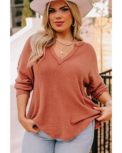 Plus Size Long Sleeve Top with Exposed Seam & V Neck - Gold Flame 2X