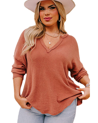 Plus Size Women's Top with Exposed Seam V Neck Long Sleeve - Gold Flame 3X