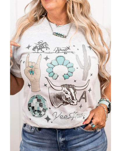 Light Grey Yee Haw Western Fashion Print Plus Size Tee - 2X