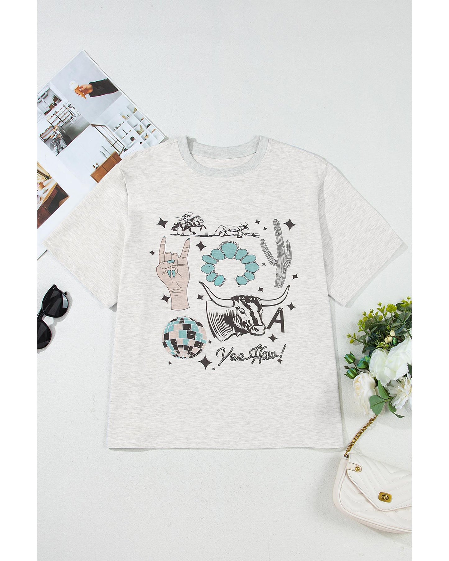 Light Grey Yee Haw Western Fashion Print Plus Size Tee - 2X