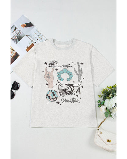 Light Grey Yee Haw Western Fashion Print Plus Size Tee - 2X