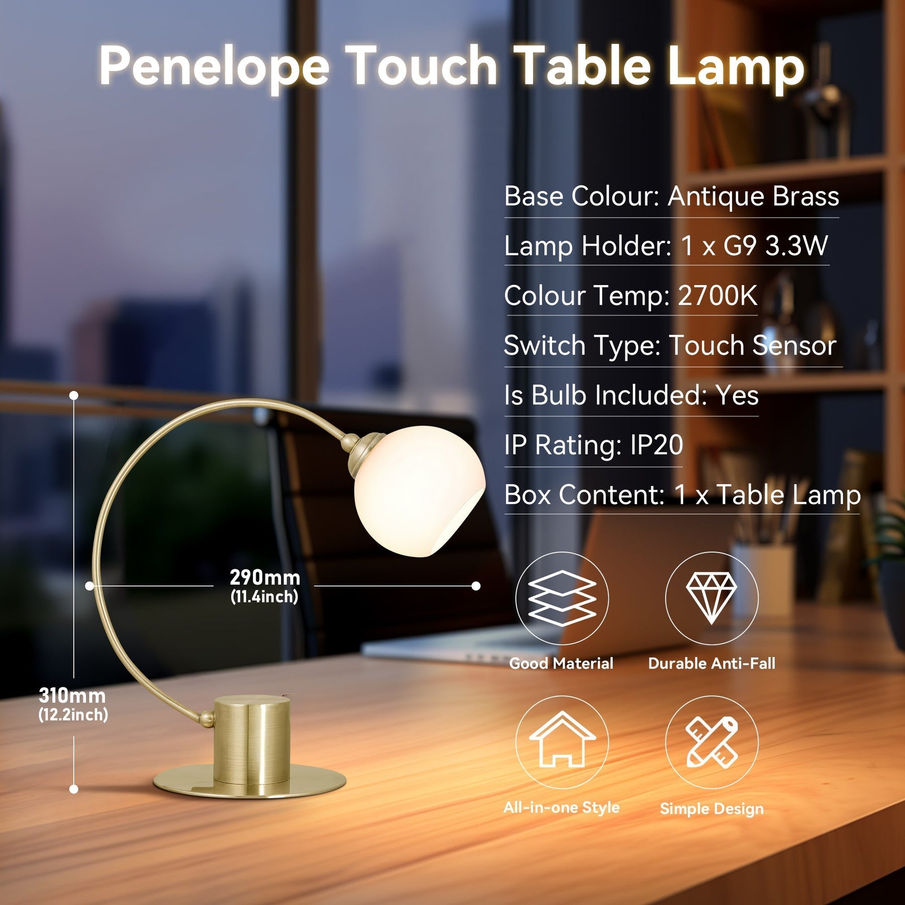 Lexi Lighting Penelope Touch Table Lamp with Glass Shade - Antique Brass