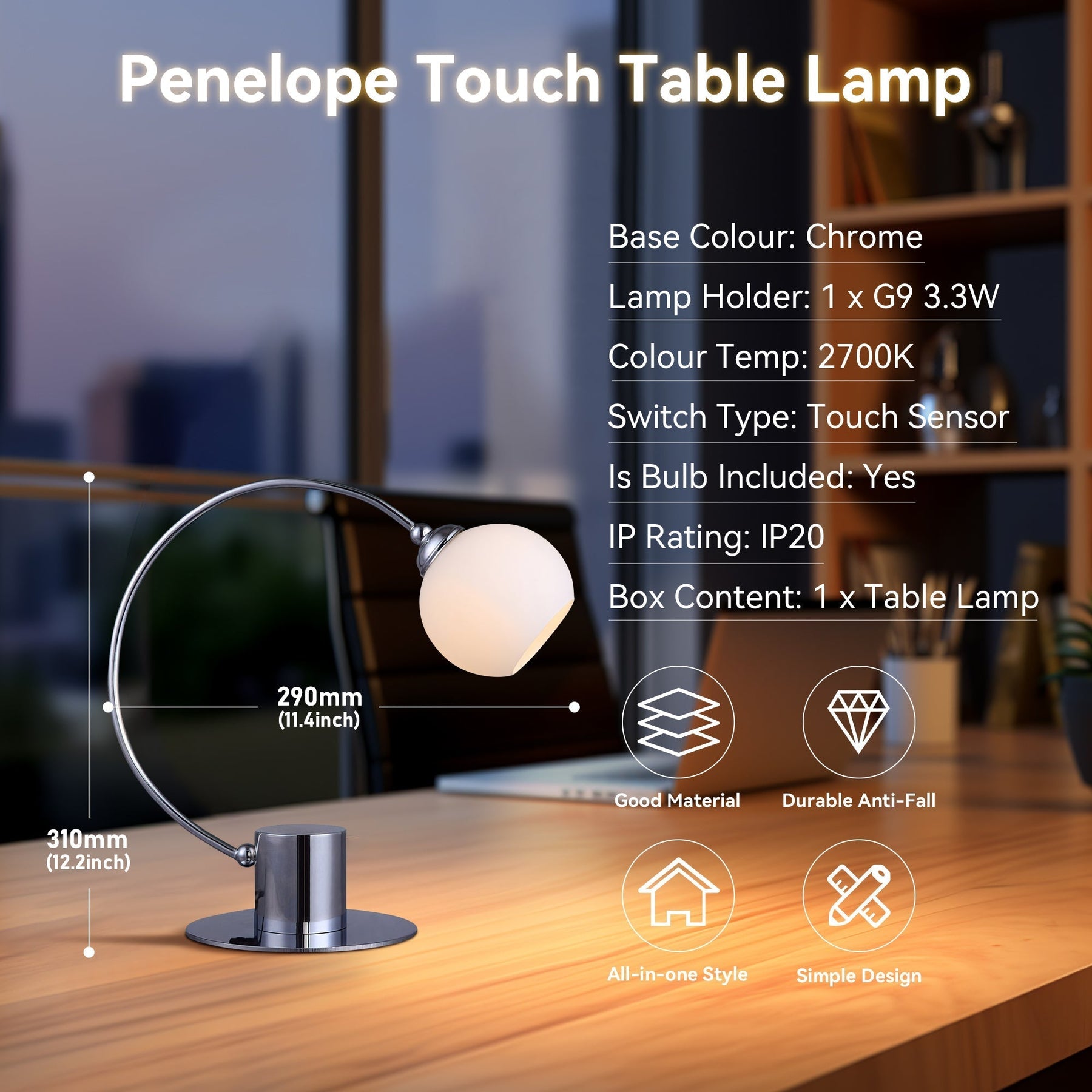Lexi Lighting Penelope Touch Table Lamp with Glass Shade - Chrome