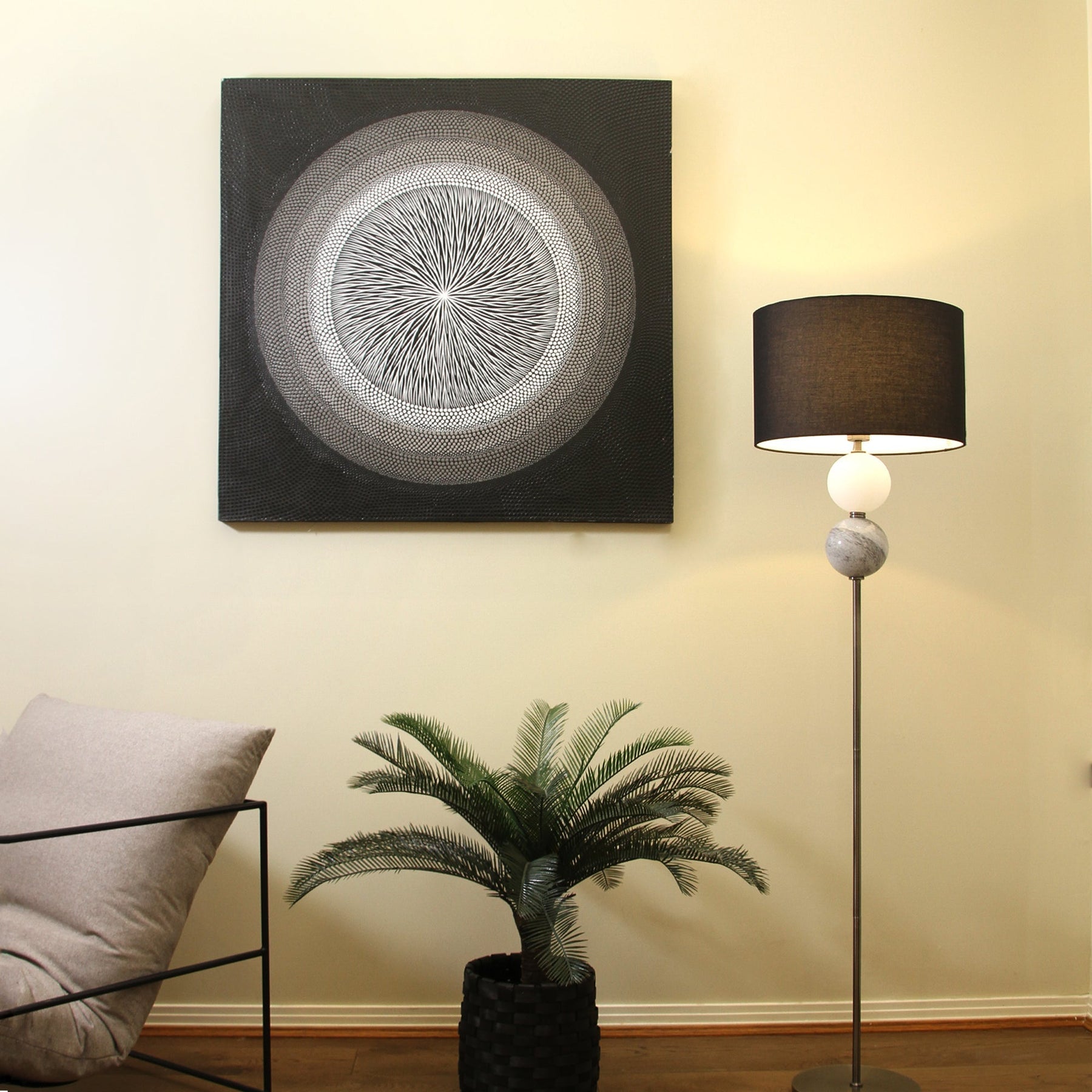 Murano Floor Lamp – Pewter Glass Orbs with Fabric Shade, E27