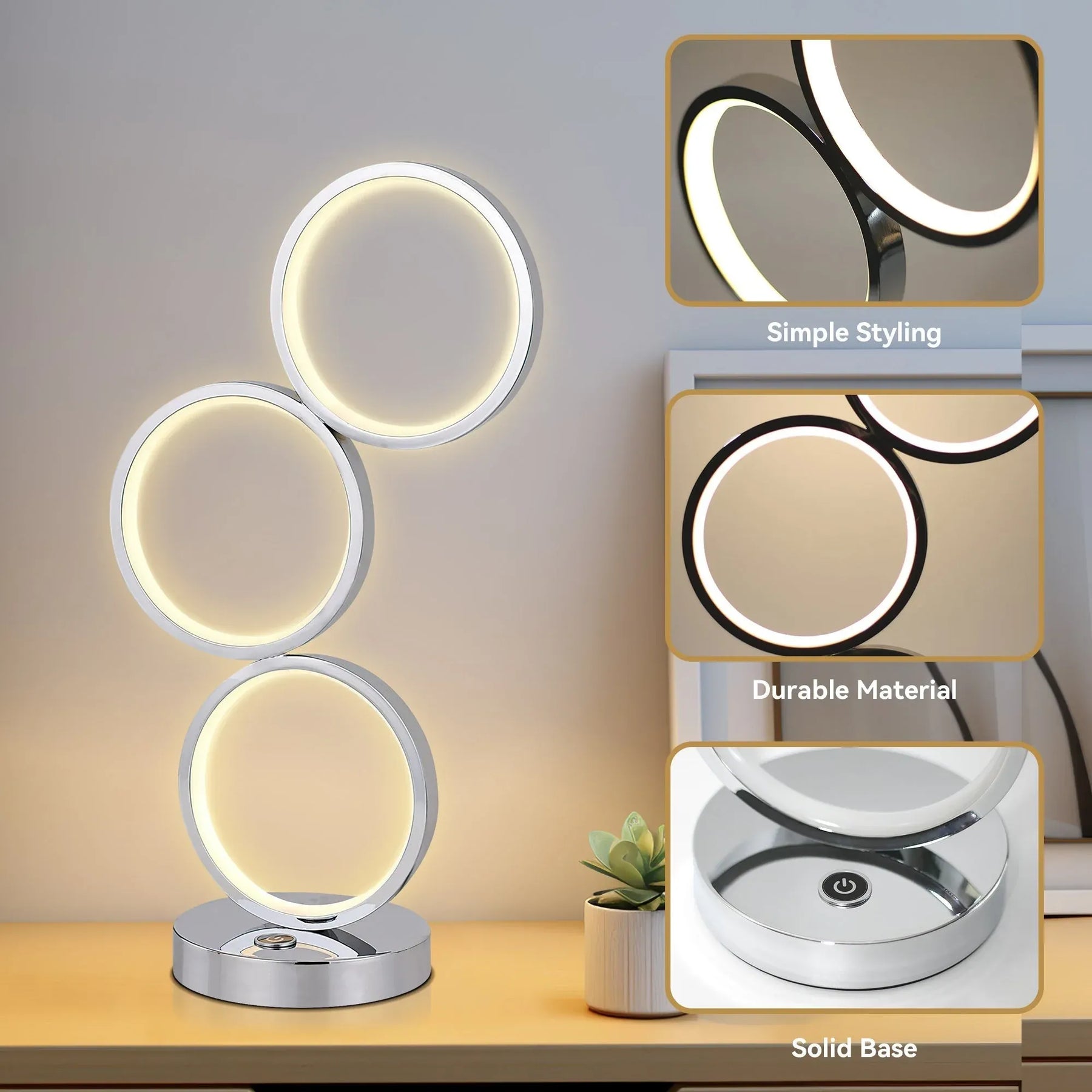 Iva LED Touch Table Lamp – Chrome 44cm, 18W Circular Light Design