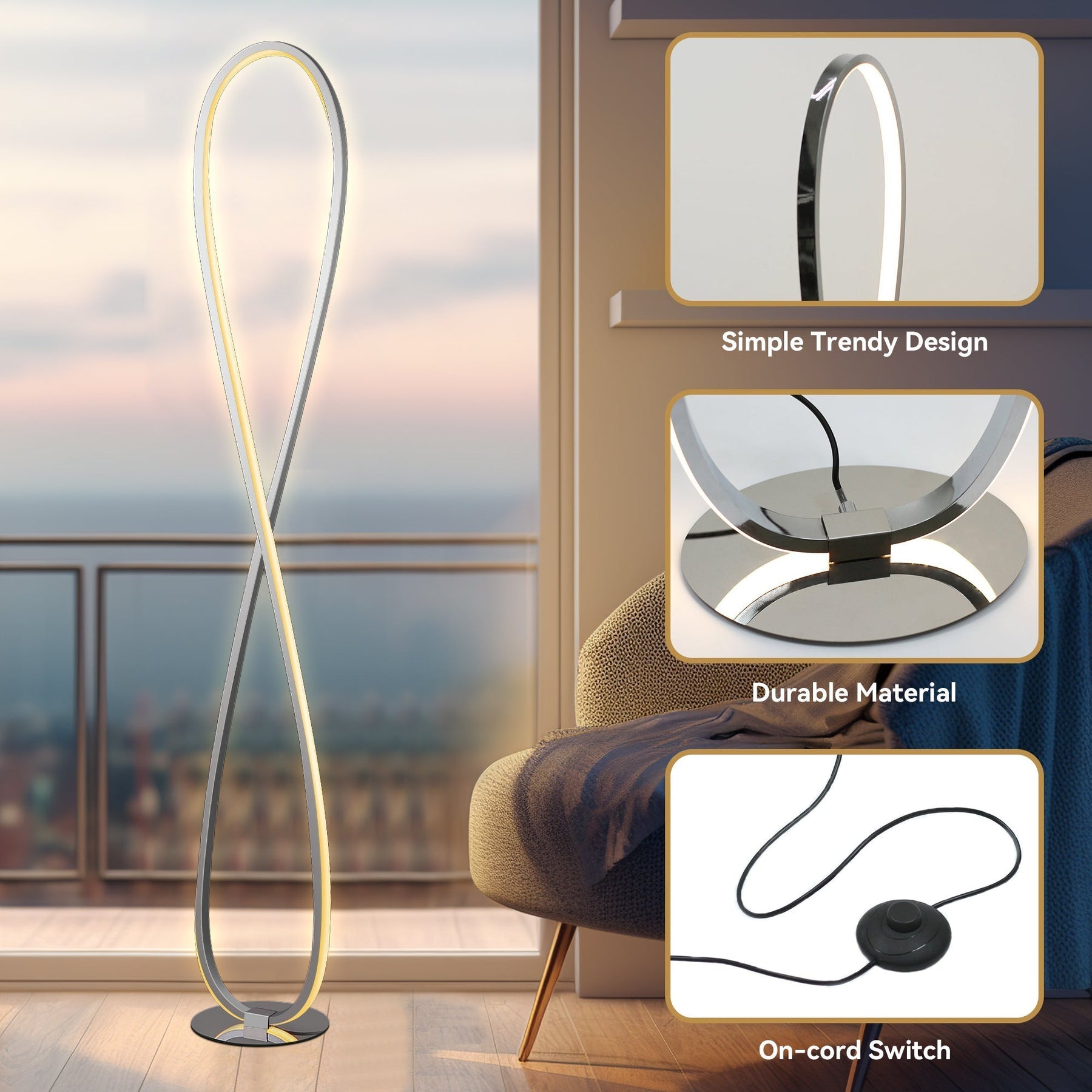Infinite LED Floor Lamp – Chrome Metal Base 130cm, 870lm