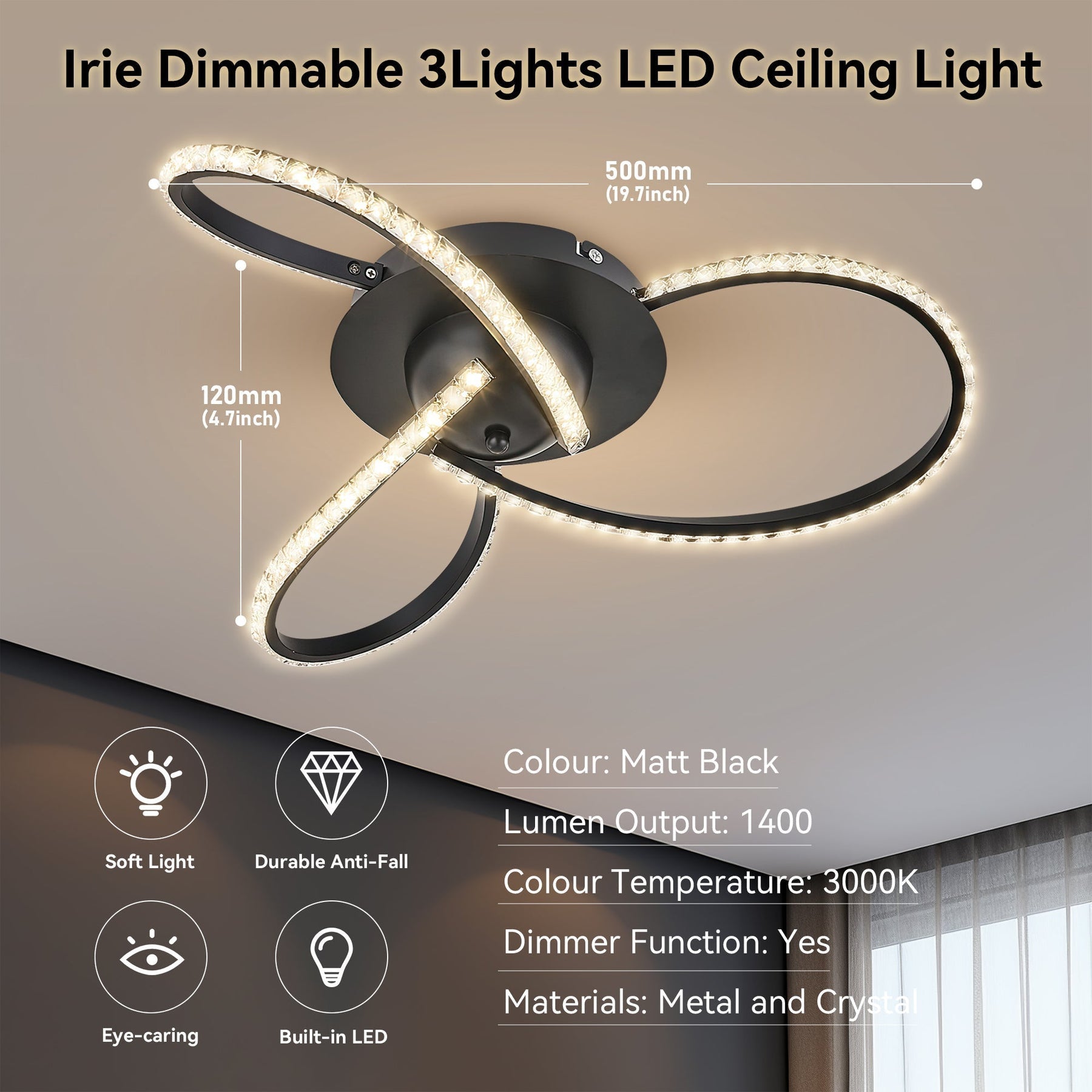 Lexi Lighting Irie Dimmable 3 Light LED Ceiling Light 20W - Black