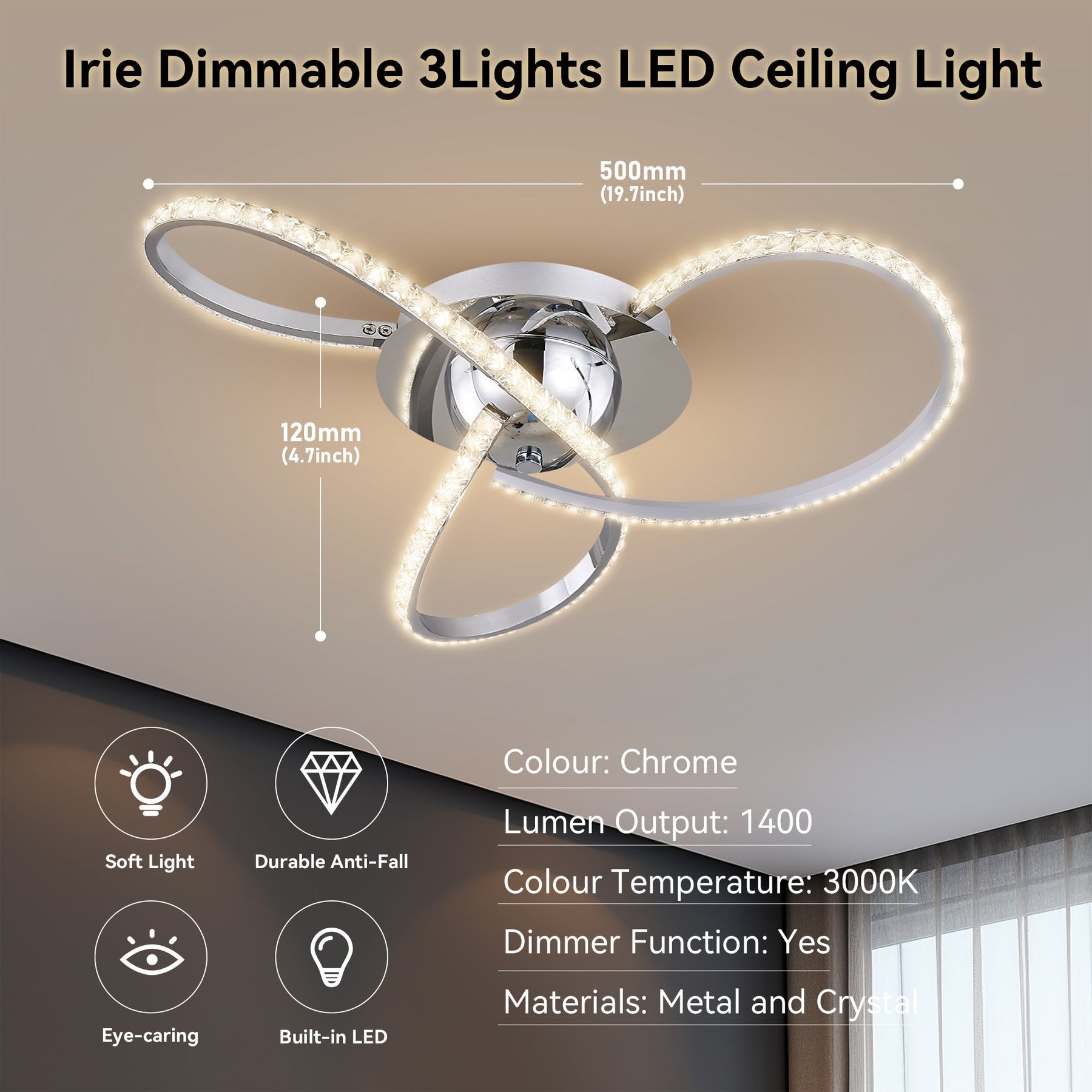 Lexi Lighting Irie Dimmable 3 Light LED Ceiling Light 20W - Chrome