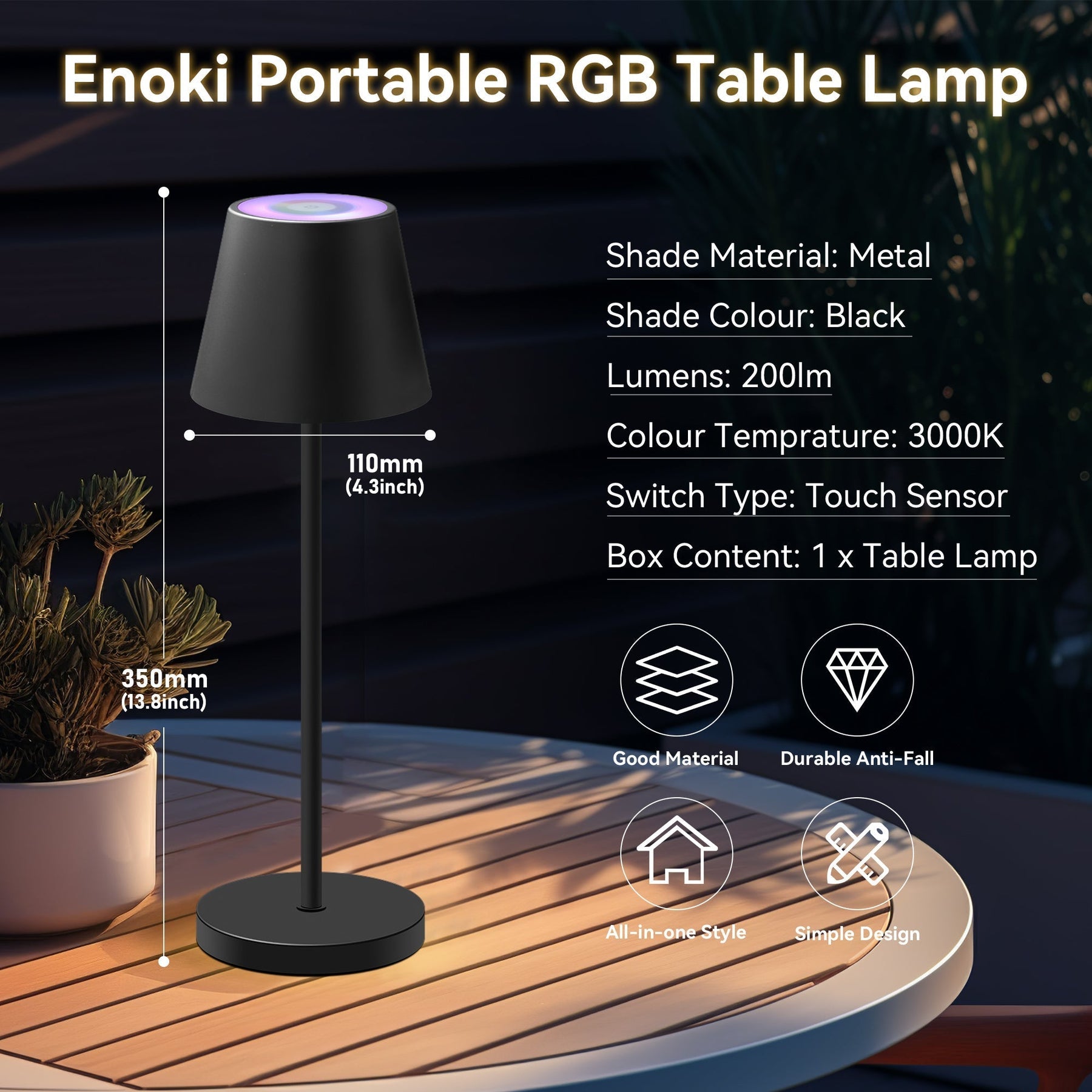 Lexi Lighting Enoki Portable RGB Table Lamp with Touch Dimmer - Black