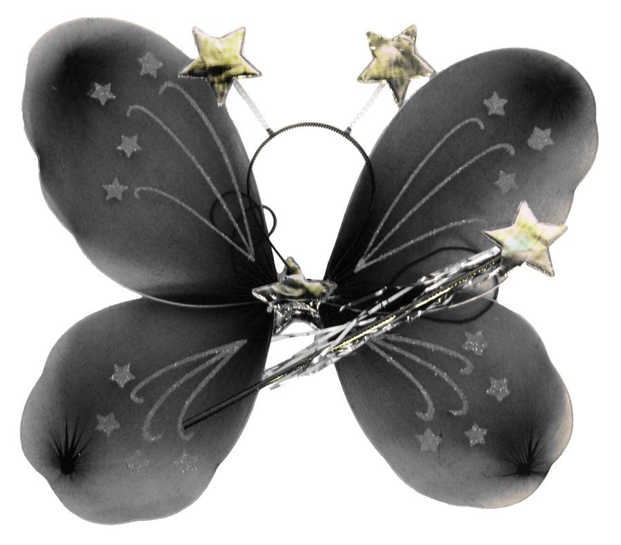 Premium Kids Fairy Butterfly Wing Costume Set - Black, 3 Piece