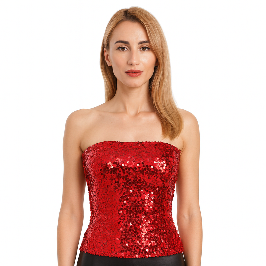 Womens SEQUIN BANDEAU CROP TOP Sparkling Sparkly Costume Tube - Red - SuperSaverAU - view 1