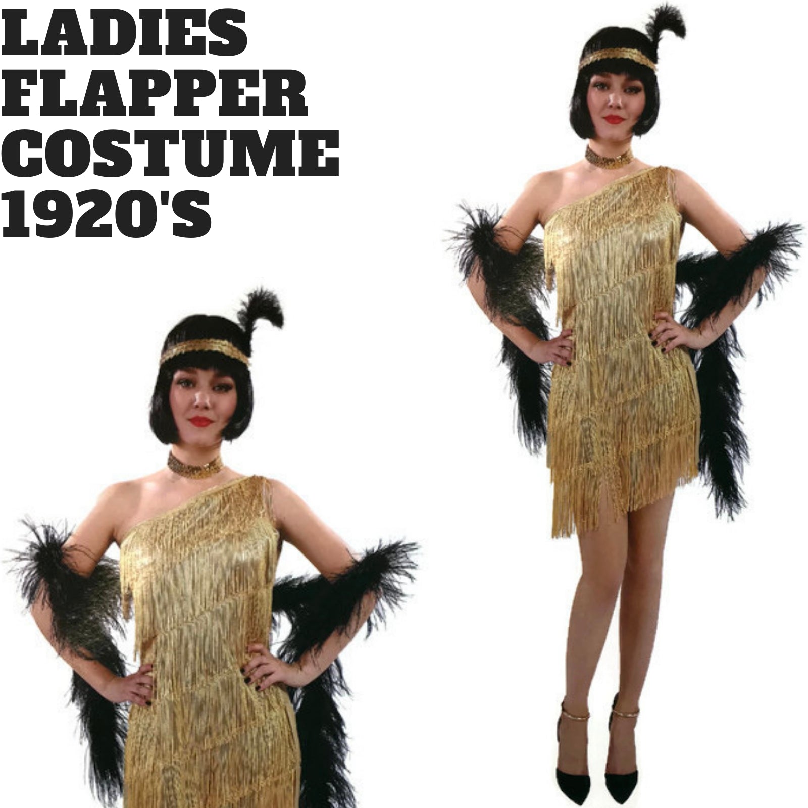 Premium Ladies Gold Flapper Costume with Headpiece - One Size