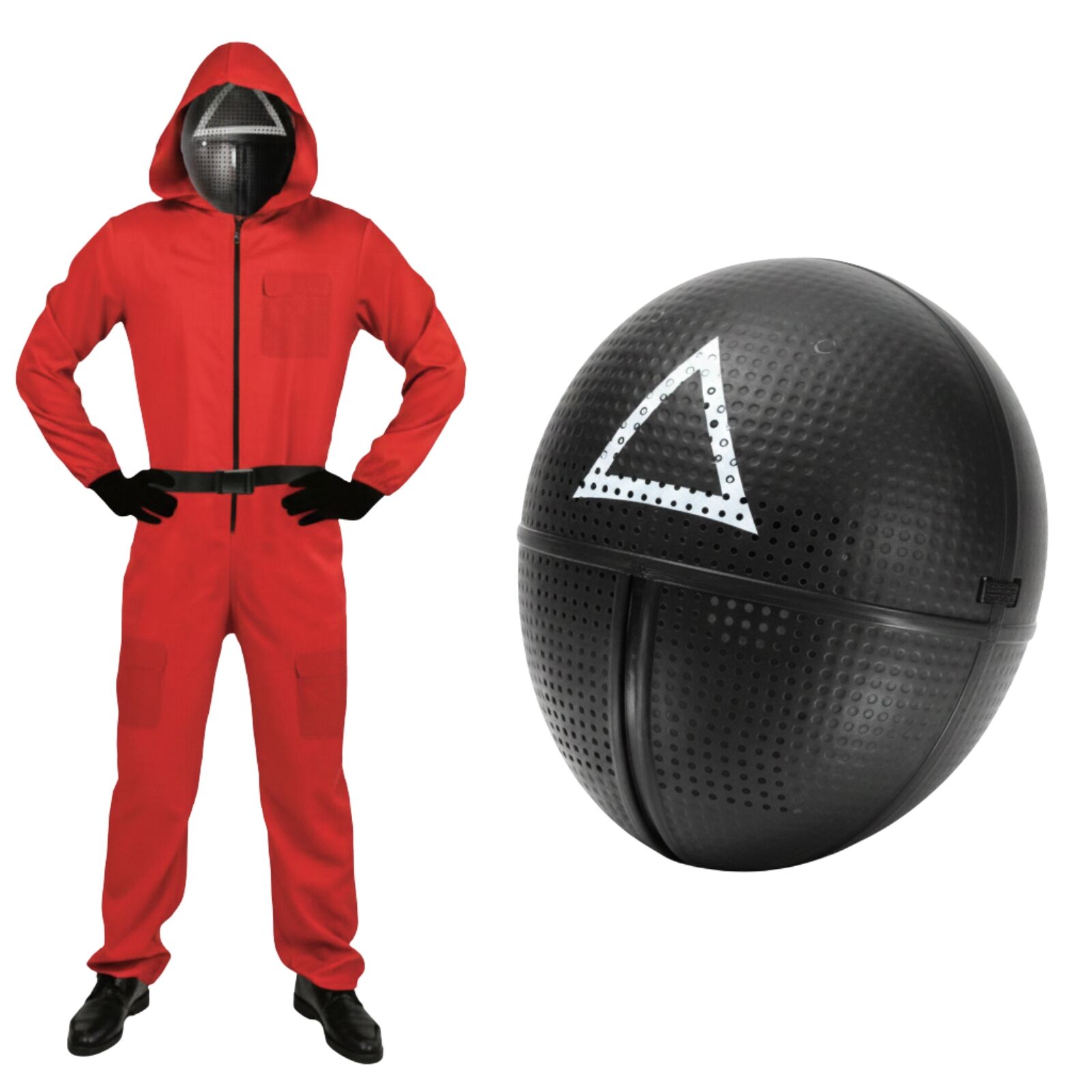 Adult Squid Game Guard Tracksuit Red Full Party Costume Set w/ Mask - Triangle Mask - S/M - SuperSaverAU - view 1