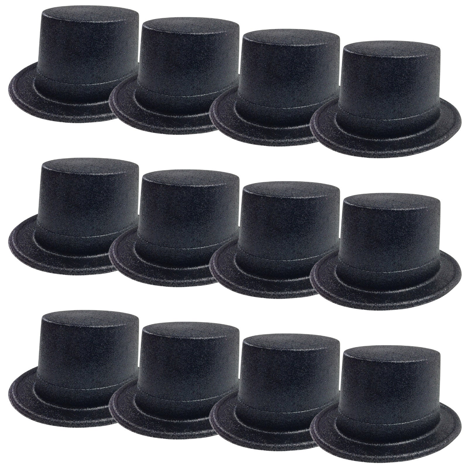 Premium Glitter Top Hats - Black, 12 Pack