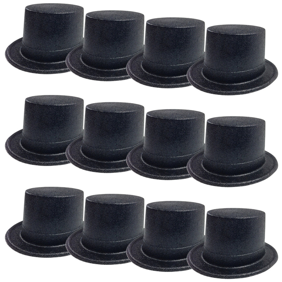 Premium Glitter Top Hats - Black, 12 Pack