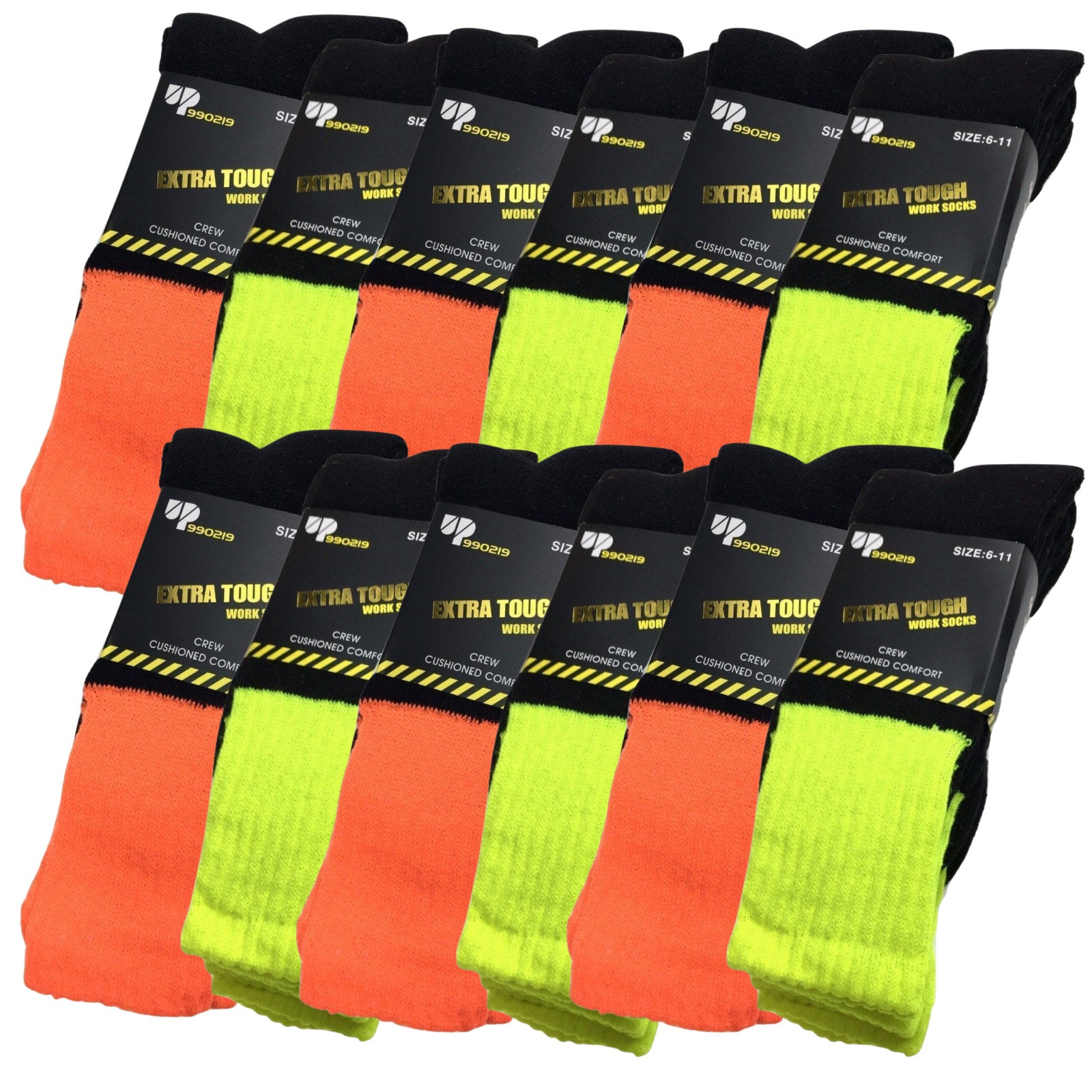 Premium 12 Pair Assorted Hi Vis Cushioned Crew Work Socks 6-11