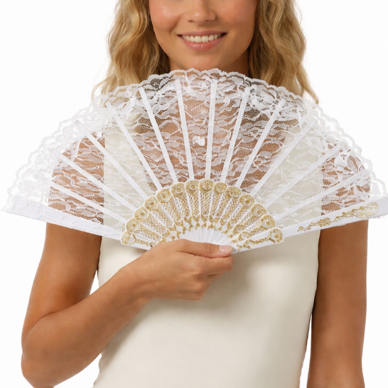 Premium Lace Folding Hand Fan - White