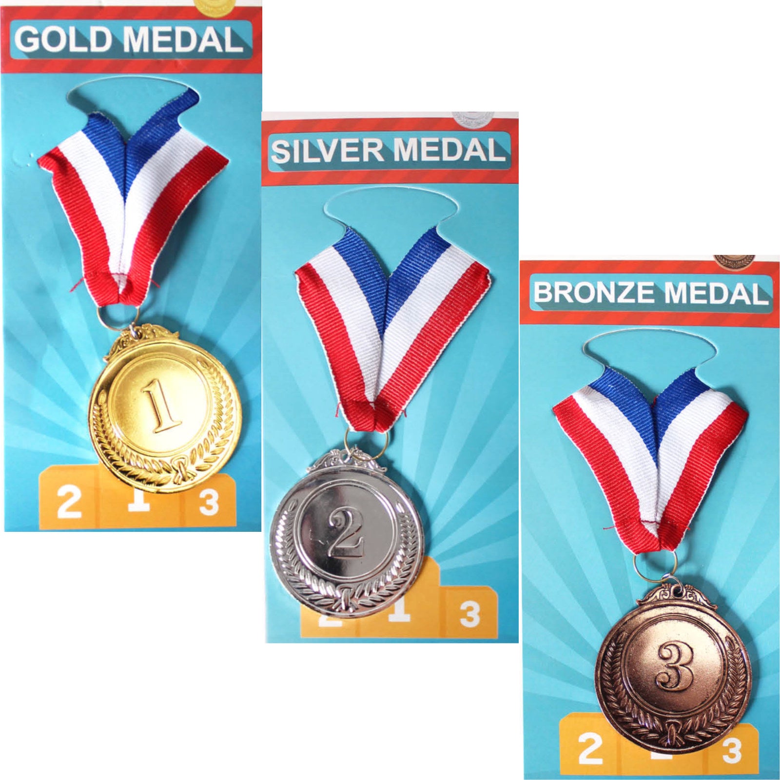 Premium Gold Silver Bronze Medal Set with Ribbons - 3 Pack