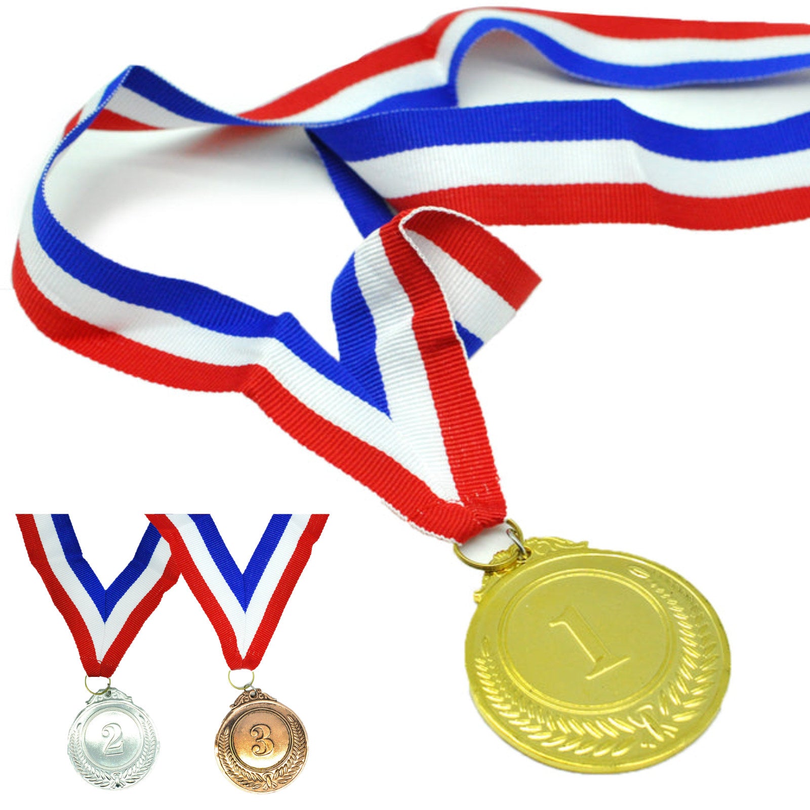 Premium Gold Silver Bronze Medal Set with Ribbons - 3 Pack