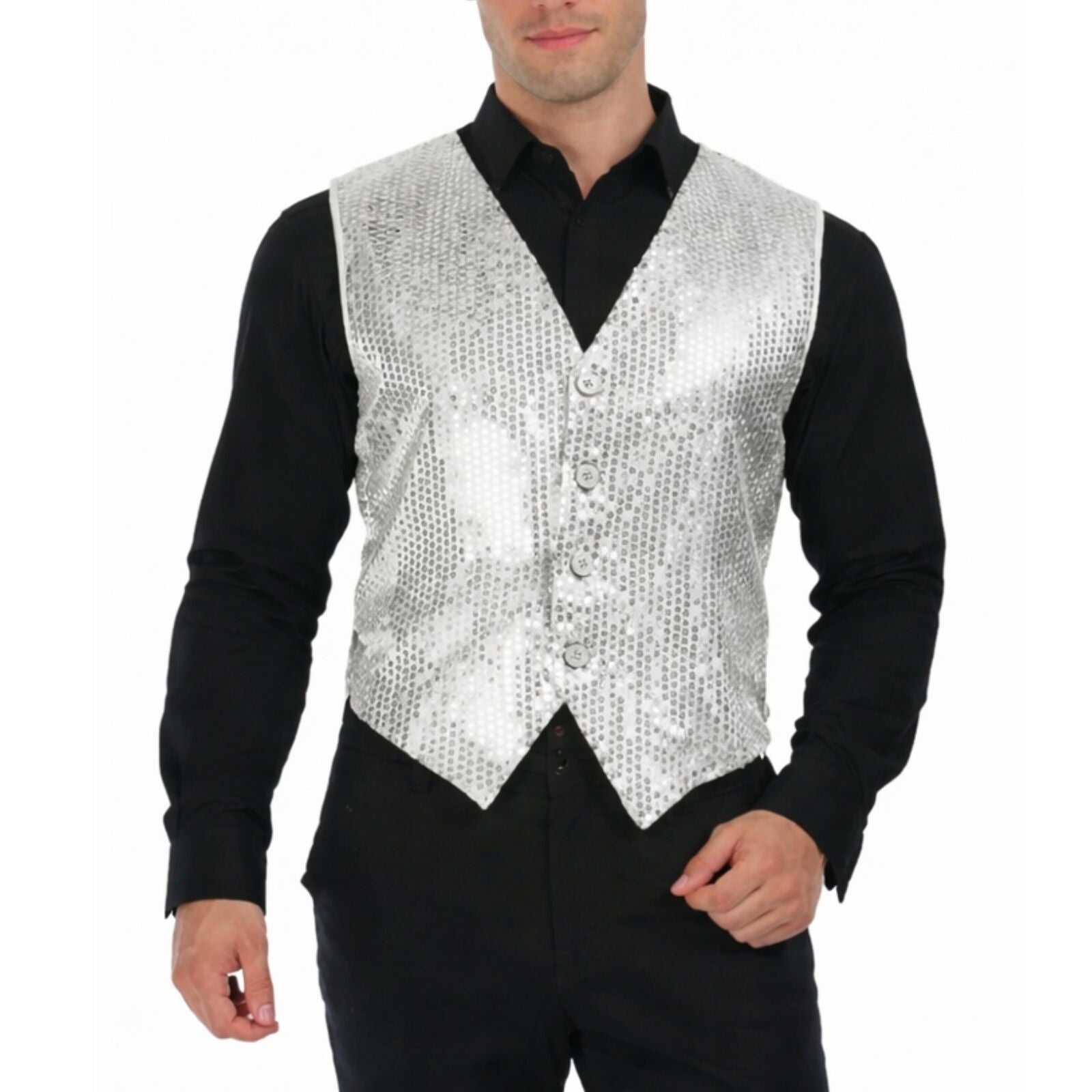 Premium Mens Sequin Vest Waistcoat - Silver, One Size
