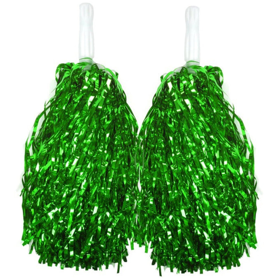 Premium Metallic Cheerleading Pom Poms with Easy-Grip Handles - Green, Set of 2