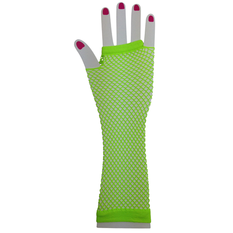 Long Elbow Length Fishnet Gloves Fingerless 70s 80s Womens Costume Party Dance in Fluro Green - SuperSaverAU - view 1