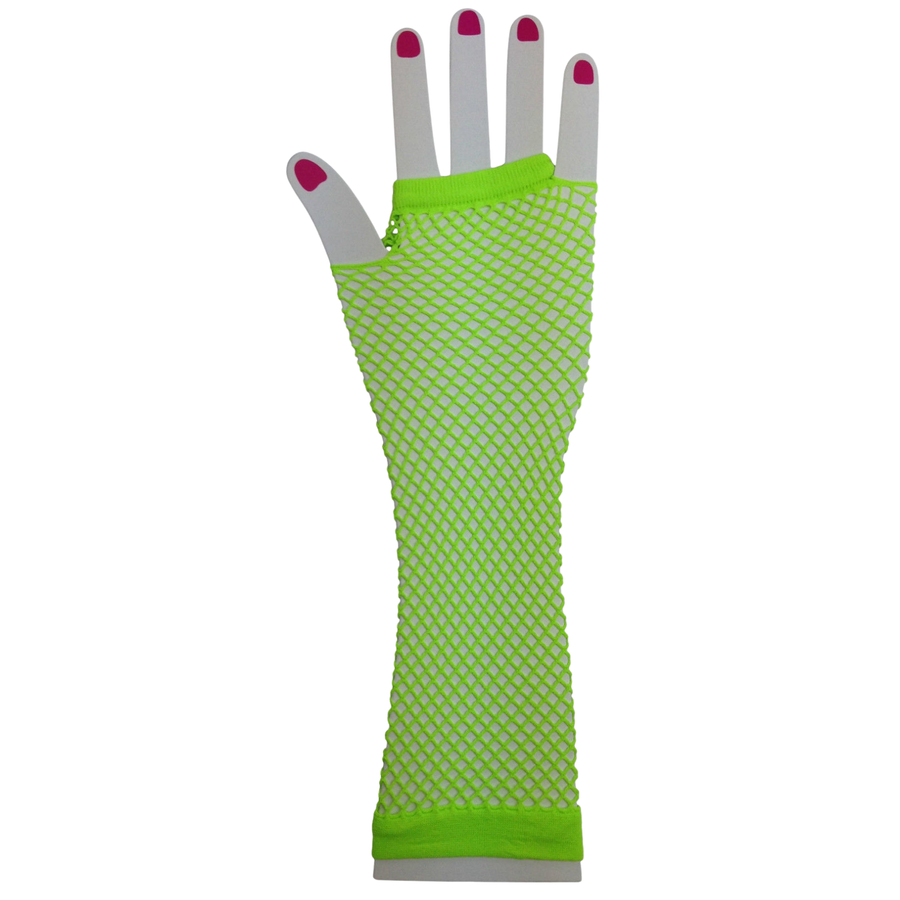 Long Elbow Length Fishnet Gloves Fingerless 70s 80s Womens Costume Party Dance in Fluro Green - SuperSaverAU - view 1