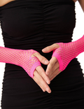 Long Elbow Length Fishnet Gloves Fingerless 70s 80s Womens Costume Party Dance in Hot Pink - SuperSaverAU - view 2