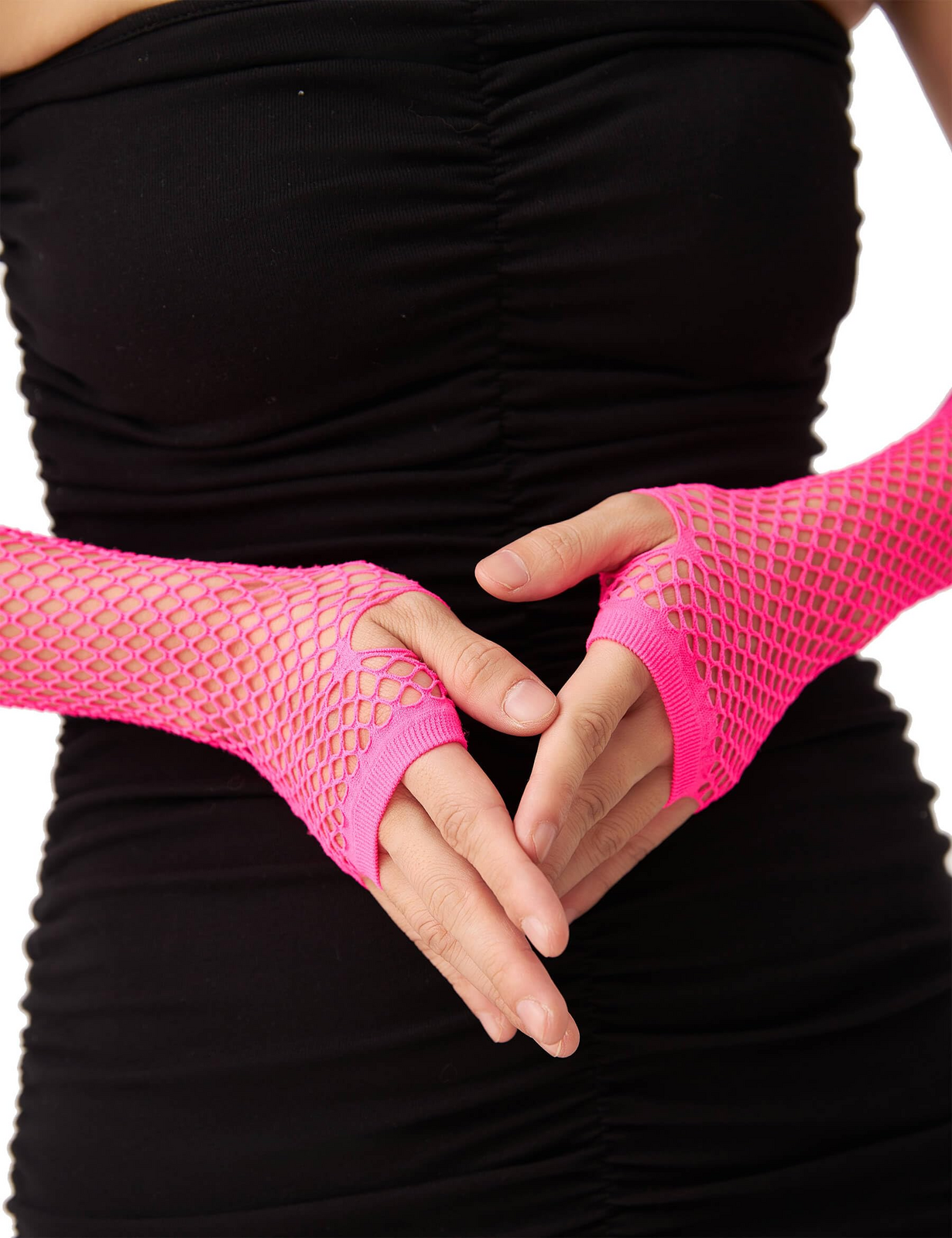 Long Elbow Length Fishnet Gloves Fingerless 70s 80s Womens Costume Party Dance in Hot Pink - SuperSaverAU - view 2