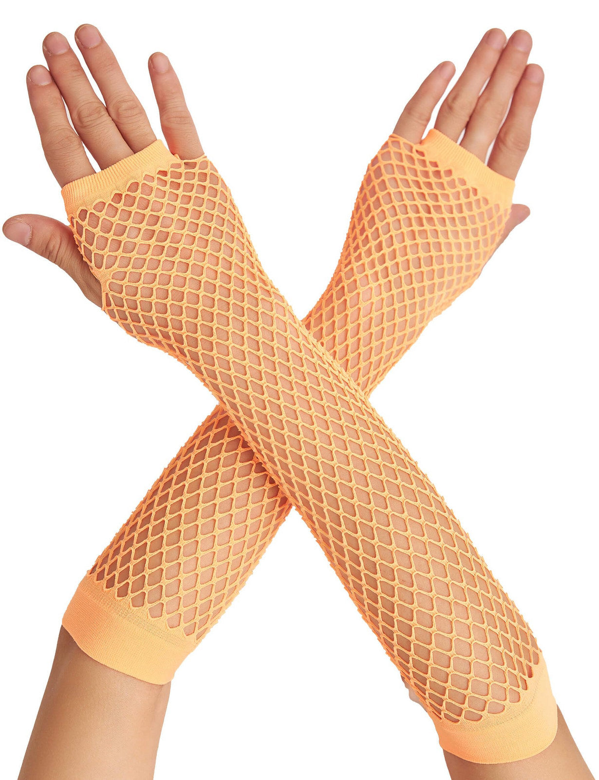 Premium Elbow Length Fingerless Fishnet Gloves - Orange