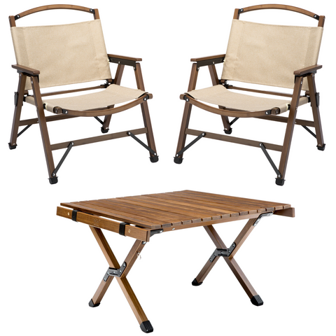 Premium Bamboo Camping Table & 2 Chair Set - Light Brown