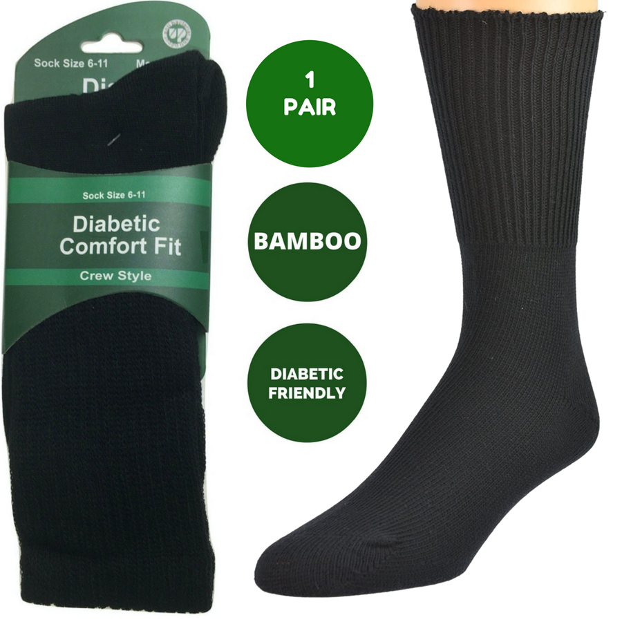 Premium 1 Pair Black Diabetic Bamboo Loose Top Cushion Crew Socks 11-14
