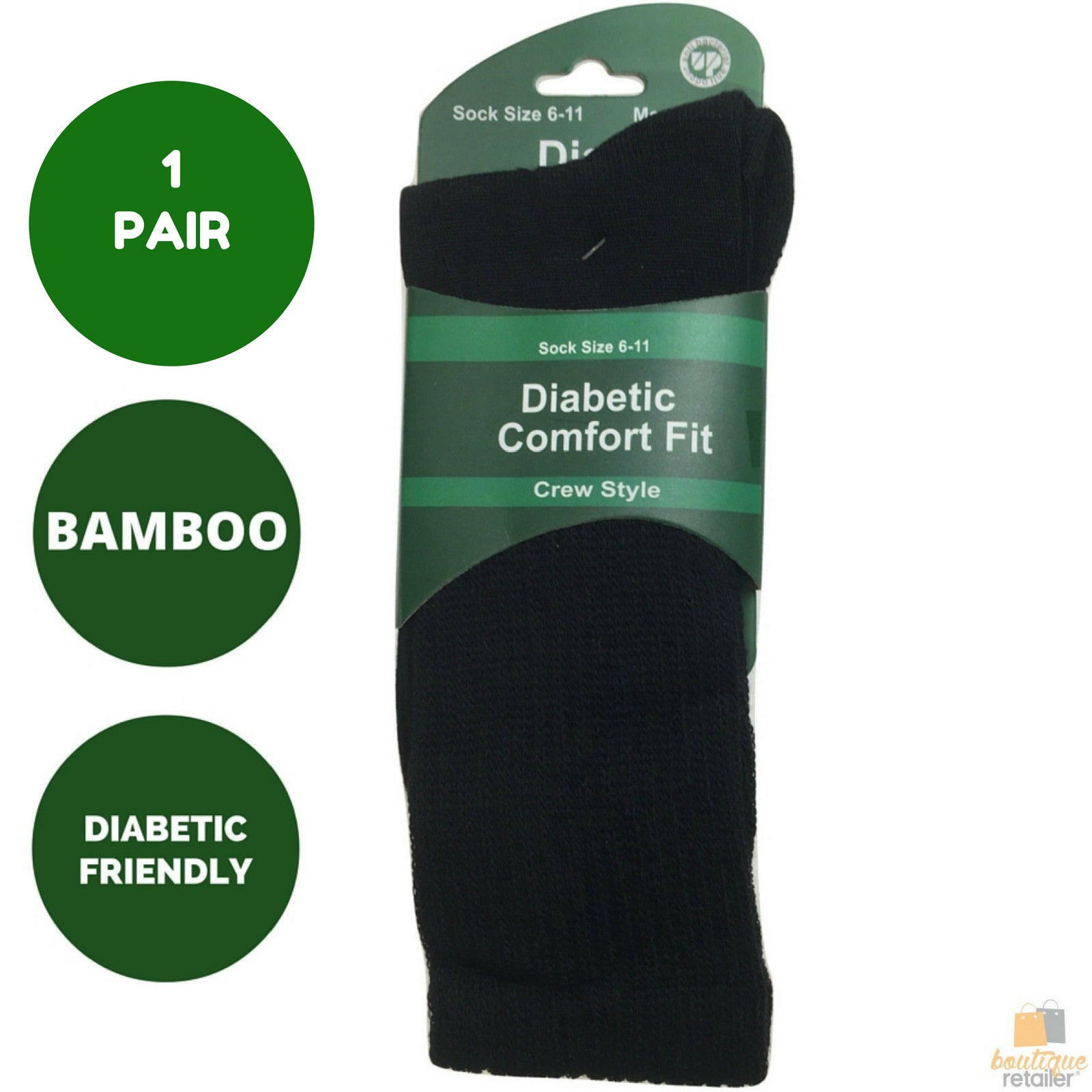 Premium 1 Pair Black Diabetic Bamboo Loose Top Cushion Crew Socks 11-14