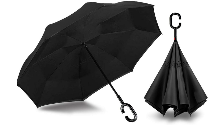 Premium Reverse Folding Umbrella – Black with C-Handle