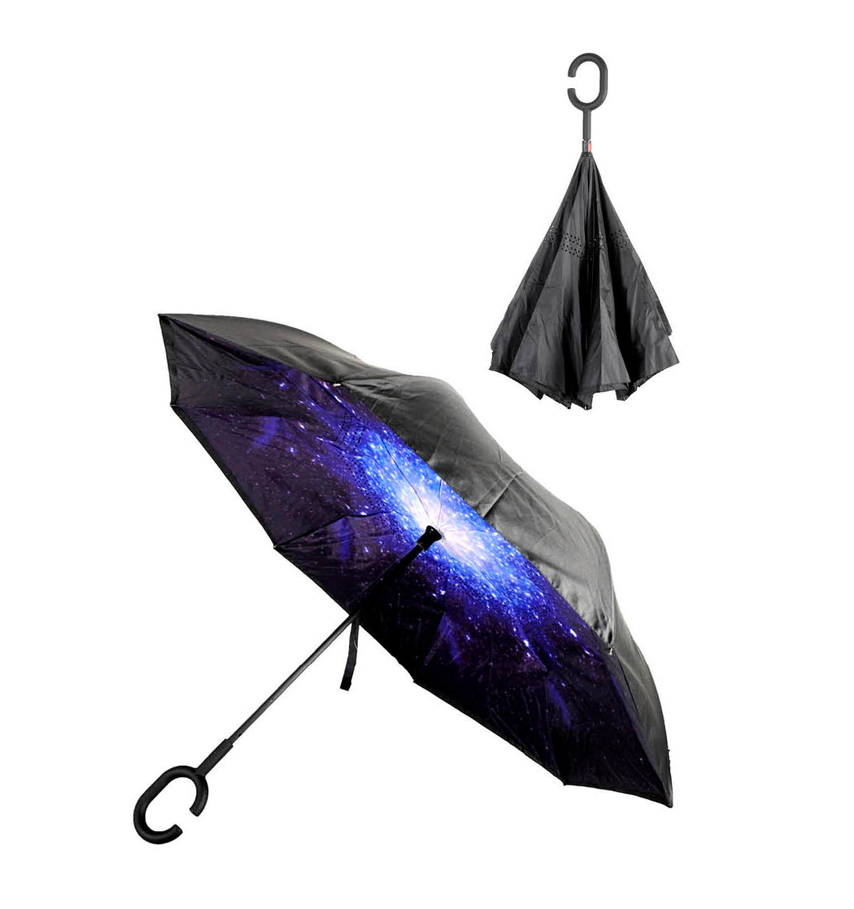 Reverse Folding Umbrella Windproof Double Layer C-Handle Galaxy Print - SuperSaverAU - view 1
