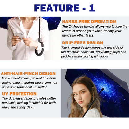 Reverse Umbrella Windproof Double Layer C-Handle Inverted Folding in Galaxy Print