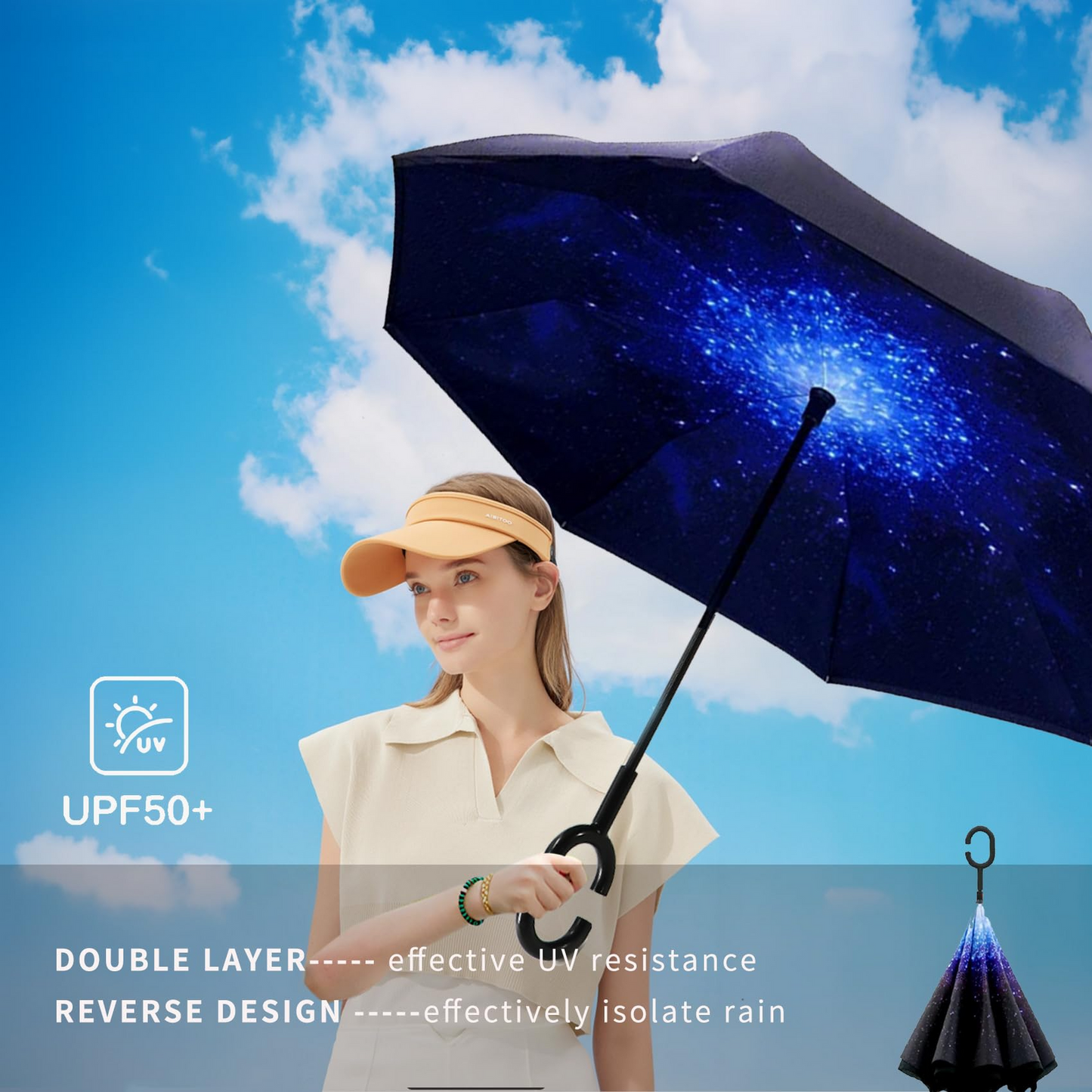 Reverse Umbrella Windproof Double Layer C-Handle Inverted Folding in Galaxy Print