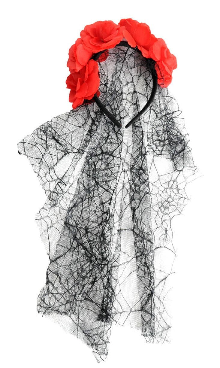 Halloween Day of the Dead Headband w/ Roses & Lace Veil Halloween Party Dress Up - SuperSaverAU - view 1