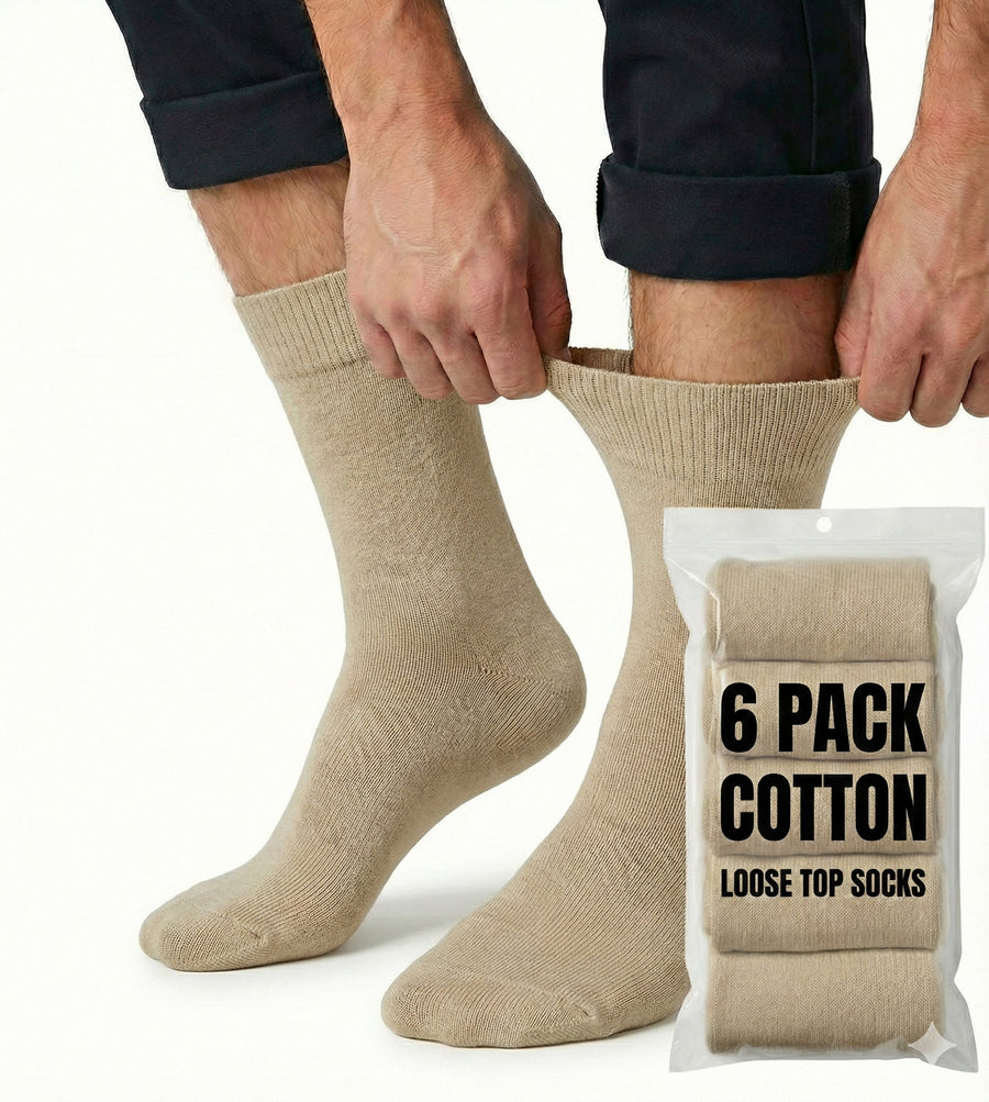 Premium 6 Pair Beige Cotton Rich Loose Top Diabetic Comfort Socks 11-14