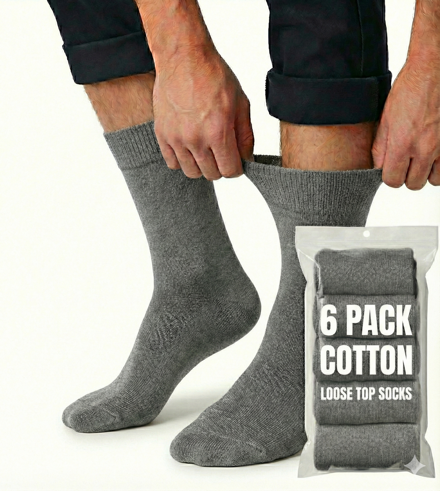 Premium 6 Pair Grey Cotton Rich Loose Top Comfort Socks Size 6-11