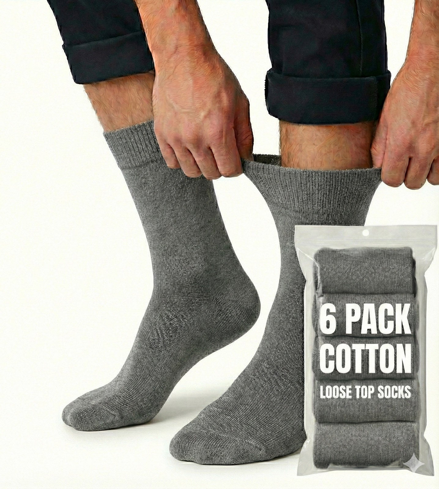 Premium 6 Pair Grey Cotton Rich Loose Top Comfort Socks Size 6-11