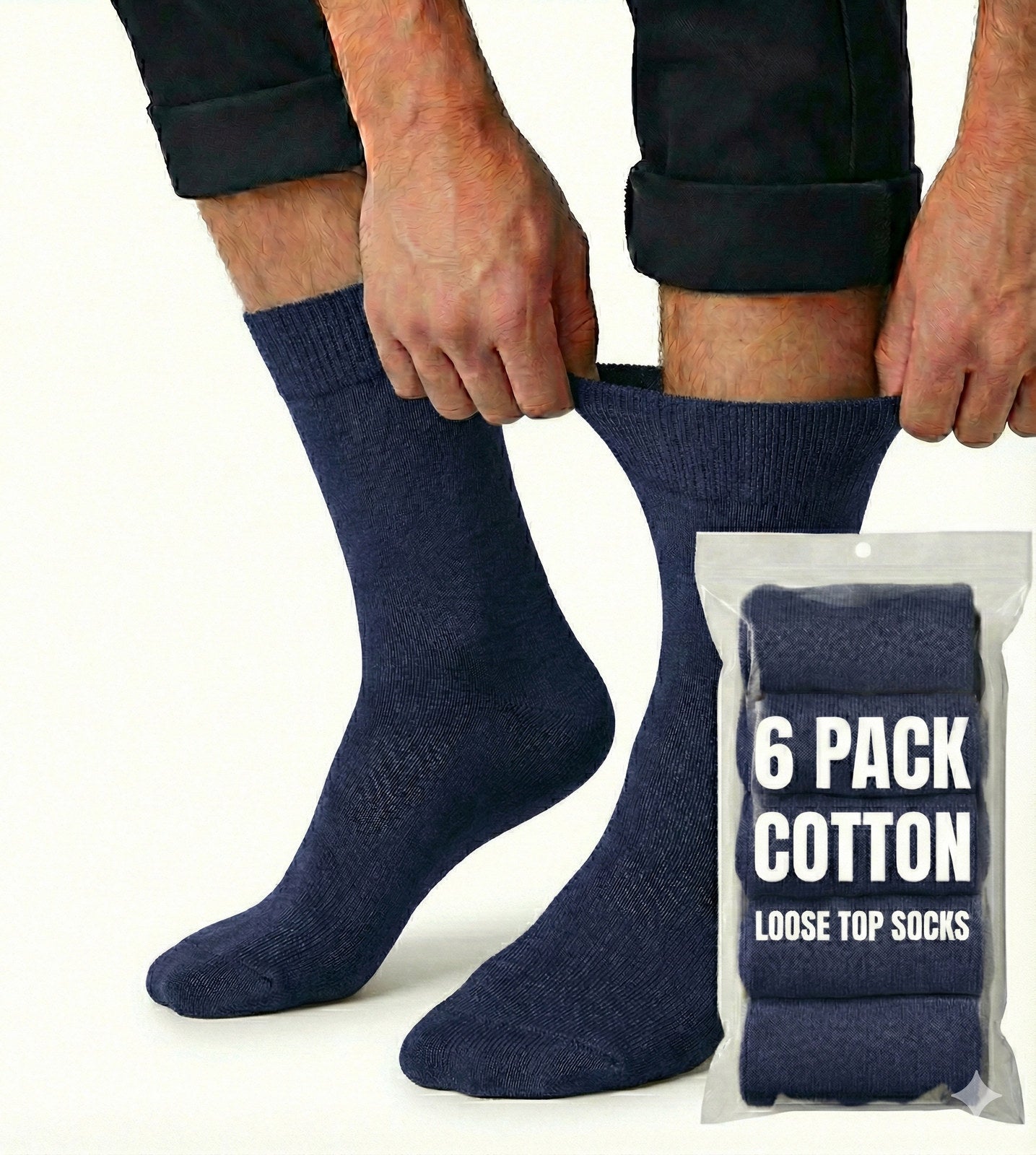 Premium 6 Pair Navy Cotton Rich Loose Top Diabetic Comfort Socks 6-11
