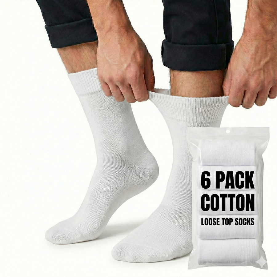 Premium 6 Pair White Cotton Rich Loose Top Diabetic Comfort Socks 11-14