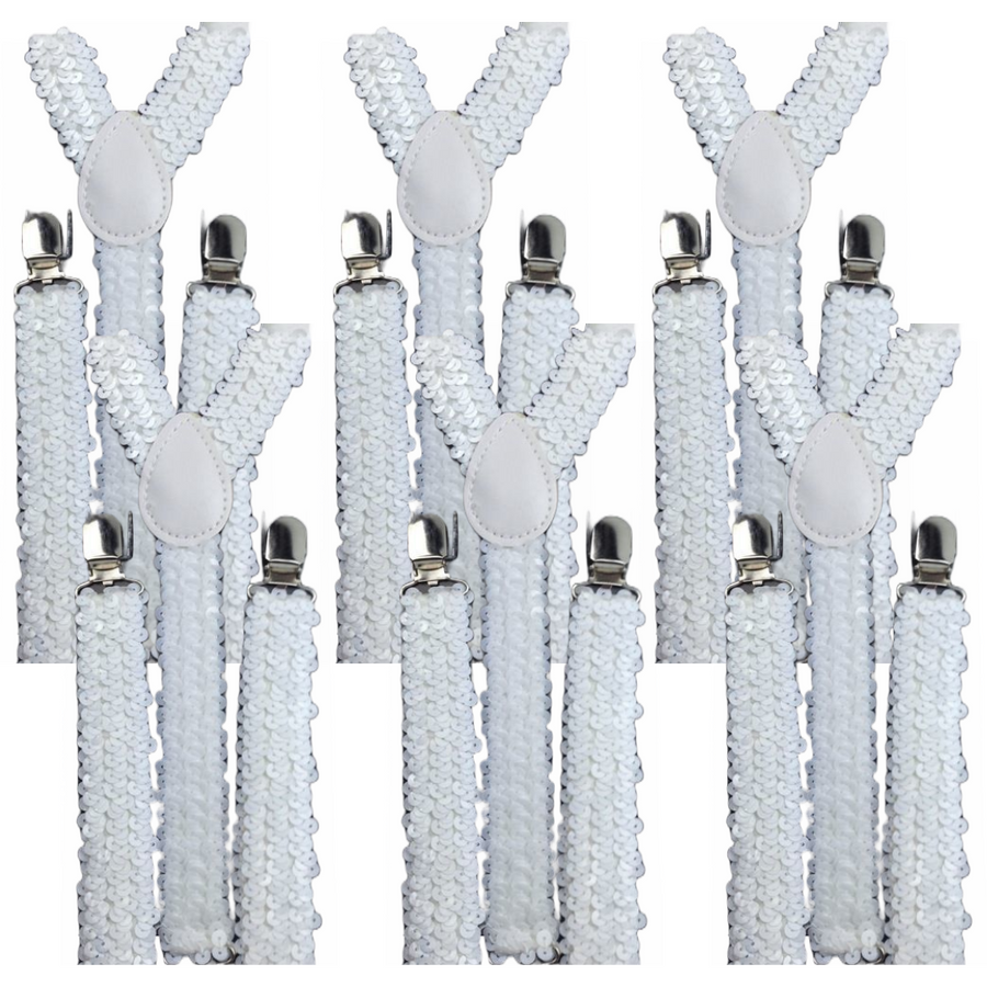 Premium 6 Pack Men's White Sequin Adjustable Y Back Suspenders